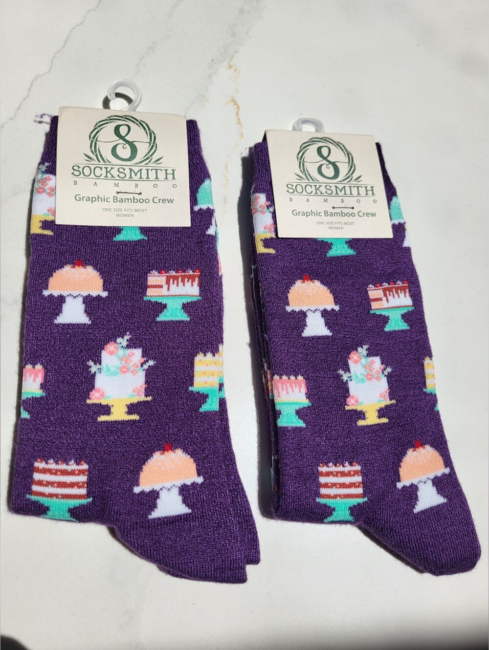 NWT Two Pairs SockSmith Graphic Bamboo Crew Socks Piece of Cake Purple Heather